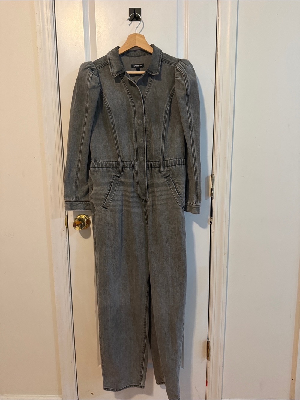 Express Gray Denim Jumpsuit with Puff Shoulders